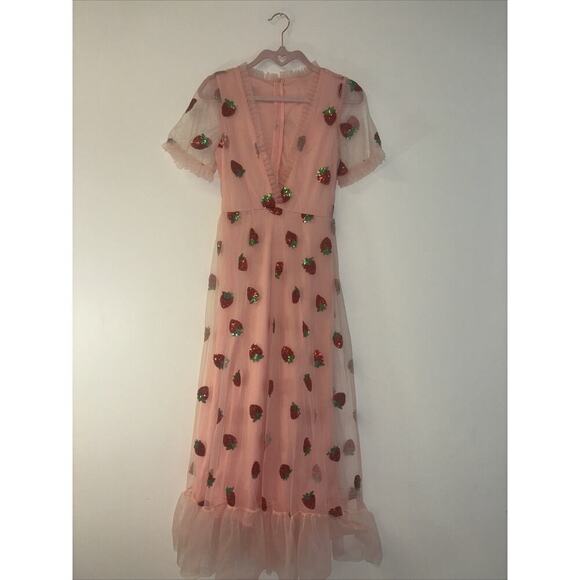 Strawberry Maxi Dress Sequin Fruit Spring Tulle Cottagecore Sz Med Pink Fairy Pr - Picture 3 of 8
